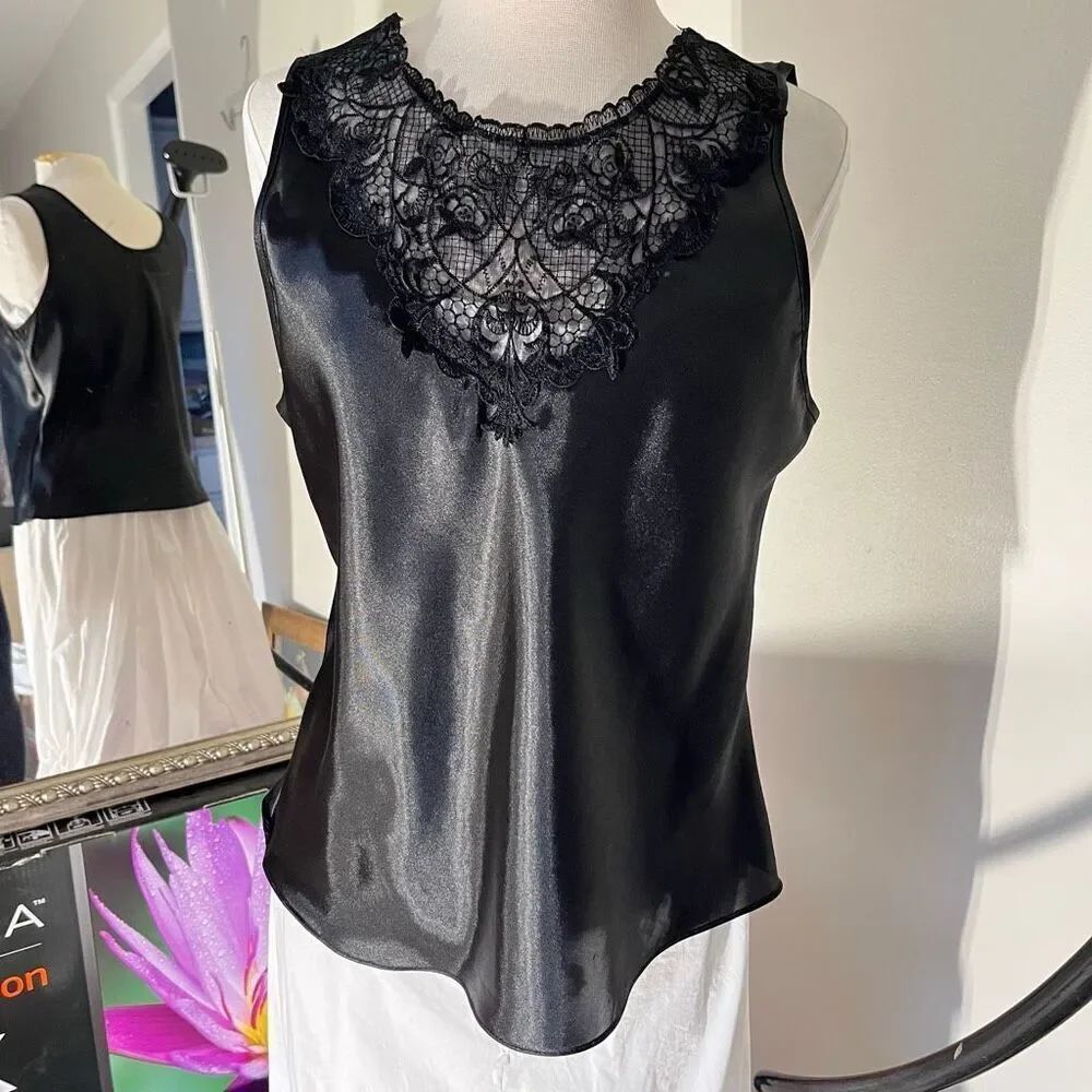VTG Cinema Etoile Black Satin Lace Camisole Top L Y2K Lingerie Chic